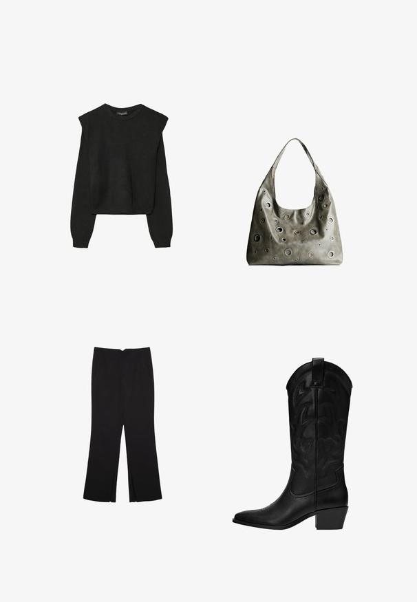 Čierny pletený sveter s dlhými rukávmi, vycpanými ramenami a rebrovanými nápletmi a spodným okrajom, zobrazený na bielom pozadí.; Čierne nohavice so strihom rovného strihu, s prednými vreckami a bočnými rozparkami na leme. Vyrobené z mäkkej, hladkej tkaniny. Vhodné na rôzne príležitosti.; Stradivarius Kovbojské/motorkárske čižmy - black; Olive zelená kožená kabelka so spadnutým dizajnom, obsahujúca rôzne veľkosti kruhových výrezov a akcenty v tmavších a svetlejších odtieňoch.
