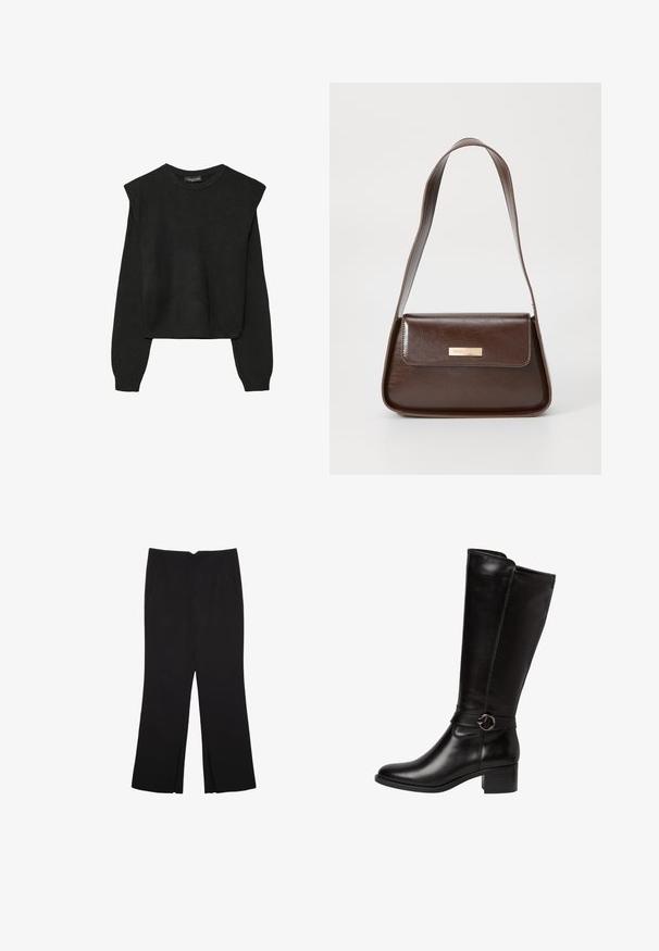 Crna pletena dugoslojna majica sa podloženim ramenima i rebrastim manžetama i rubom, prikazana na bijeloj pozadini.; Crne hlače ravnog kroja, s prednjim džepovima i bočnim prorezima na rubu. Izrađene od mekog i glatkog materijala. Pogodne za razne prigode.; Crne kožne čizme do koljena s okruglim vrhom, ukrasnom trakom s kružnom kopčom i niskom blok petom. Glatka, sjajna tekstura.; Smeđa kožna torba za rame sa strukturiranim oblikom, koja ima magnetsko zatvaranje na preklopu i metalni logo akcent na prednjoj strani.