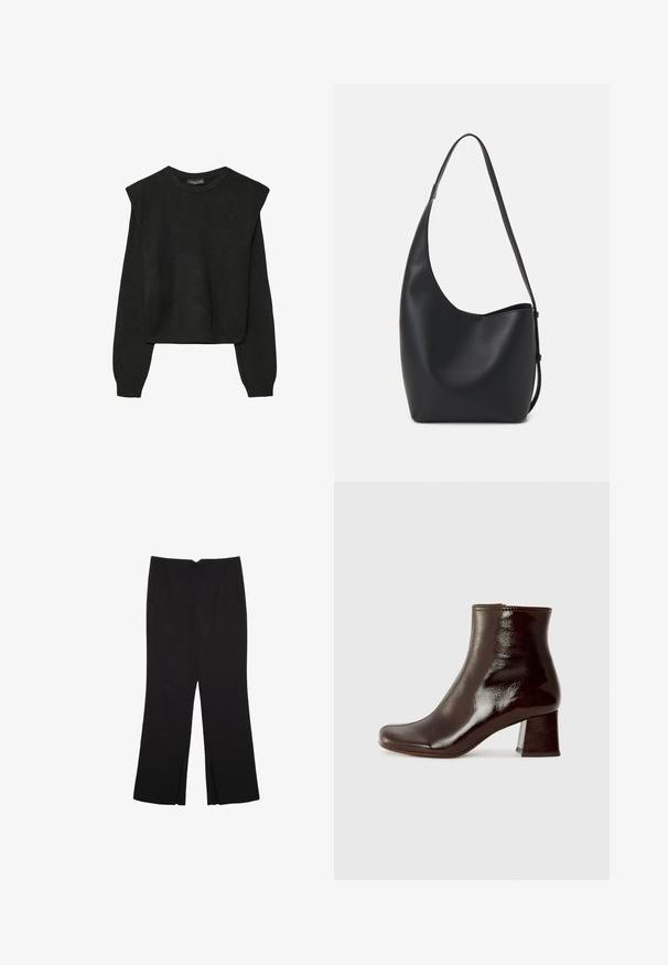 Mustat pitkätuuliseset neulepaidat, joissa on toppaukset harteilla sekä ribbaus hihansuissa ja helmassa, esitetty valkoista taustaa vasten.; Mustat housut suoralinjaisella leikkauksella, joissa on etutaskut ja sivurei'ät helman alla. Valmistettu pehmeästä ja sileästä kankaasta. Sopii eri tilaisuuksiin.; Chie Mihara MUKI - Kiilakorkonilkkurit - sucre choco; Musta nahkainen hobo-laukku, jossa on sileä pinta, kaareva muoto ja yksi säädettävä olkahihna; sisäänkäynti on leveä ylhäältä.