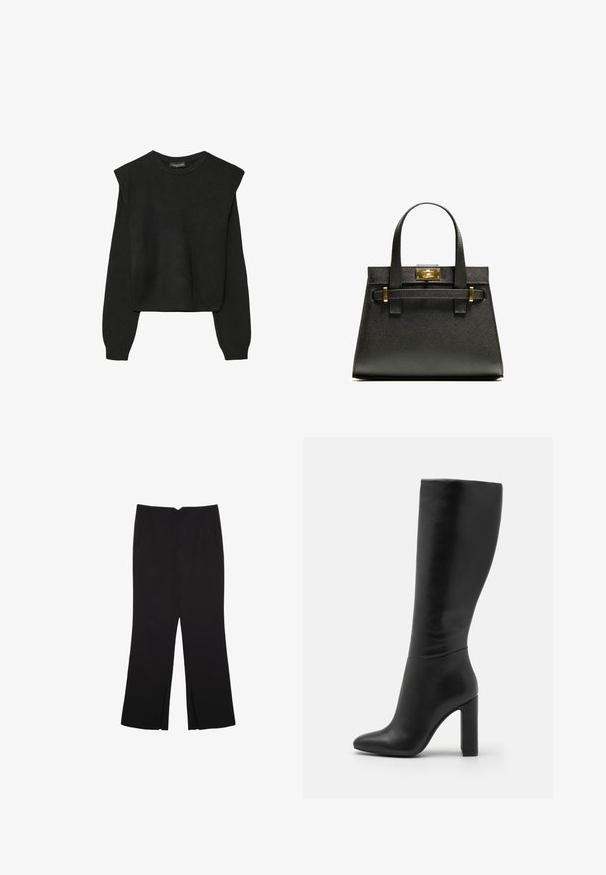 Sort striktrøje med lange ærmer, polstrede skuldre og ribkantede manchetter og kant, vist mod en hvid baggrund.; Sorte bukser med lige pasform, der har frontlommer og slidser i kanten. Lavet af blødt, glat stof. Velegnet til forskellige anledninger.; Knæhøj sort læderstøvle med spids tå og høj blokhæl. Glat tekstur med minimalistisk design og ingen synlig hardware.; Sort tekstureret tote taske med korte håndtag, der har en guldlås og detaljer. Designet er struktureret med en geometrisk silhuet.