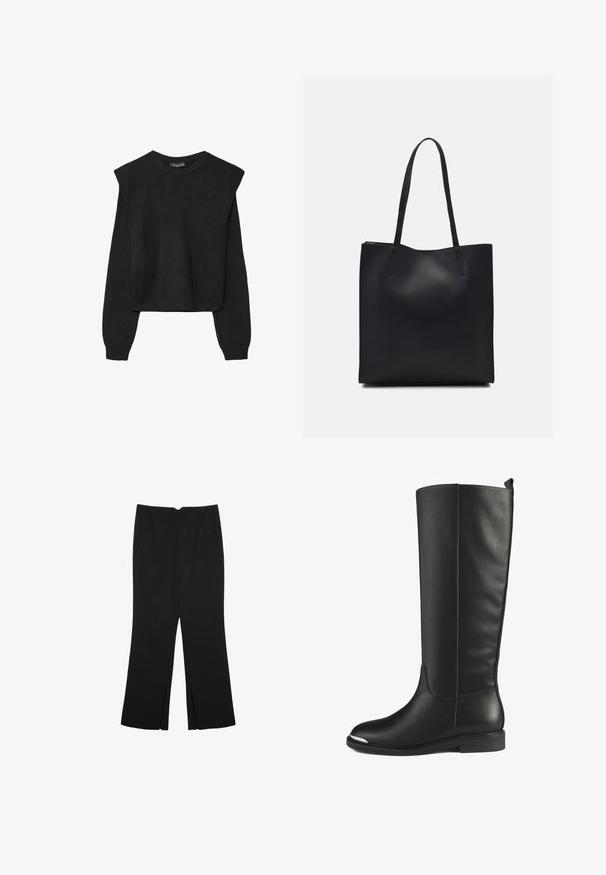Maglione nero a maniche lunghe in maglia con spalle imbottite e polsini e orlo a coste, mostrato su uno sfondo bianco.; Pantaloni neri a gamba dritta, con tasche frontali e spacchi laterali all'orlo. Realizzati in tessuto morbido e liscio. Adatti a diverse occasioni.; Stivali neri in pelle alti fino al ginocchio con una superficie liscia, punta arrotondata e dettagli in argento sulla punta. Caratterizzati da un tacco basso e piatto e un design senza cuciture.; Borsa tote in pelle nera con texture liscia, forma rettangolare e due manici lunghi. Nessun hardware o decorazione visibile.