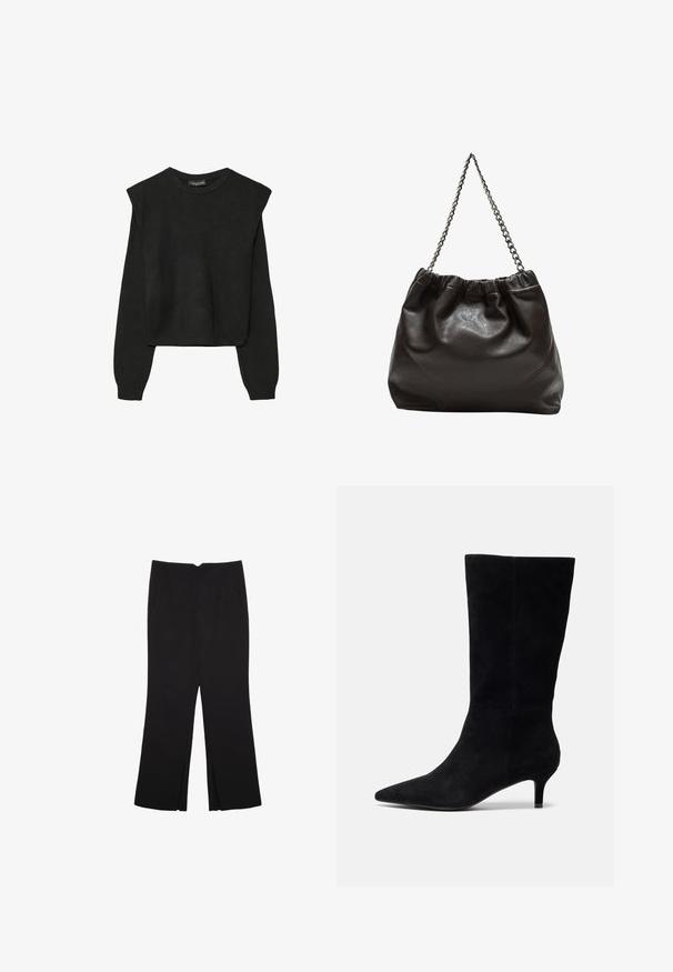 Černý pletený svetr s dlouhými rukávy, vycpanými ramenními částmi a ribbovanými manžetami a lemem, zobrazený na bílém pozadí.; Černé kalhoty s rovným střihem, s předními kapsami a bočními rozparky na lemu. Vyrobené z jemné, hladké tkaniny. Vhodné na různé příležitosti.; Černé semišové kotníkové boty s špičatou špičkou, úzkým podpatkem a hladkým povrchem, s přiléhavým střihem a bez viditelného kovu.; Hnědá kožená taška se sbíraným vrškem a řetízkovým popruhem. Hladký povrch s lesklým finišem a jemným švem na bocích.