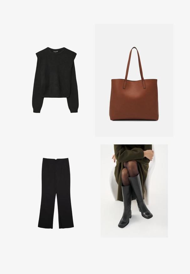 Crna pletena dugoslojna majica sa podloženim ramenima i rebrastim manžetama i rubom, prikazana na bijeloj pozadini.; Crne hlače ravnog kroja, s prednjim džepovima i bočnim prorezima na rubu. Izrađene od mekog i glatkog materijala. Pogodne za razne prigode.; Čizme od crne kože do koljena sa četvrtastim vrhom i blok petom, prikazane s manekenkom koja sjedi u maslinasto zelenom kaputu. Glatka tekstura, minimalni detalji.; Smeđa kožna torba preko ramena s glatkom teksturom, otvorenim vrhom i dvjema naramenicama. Ima minimalne šavove i nema vidljivog hardvera.