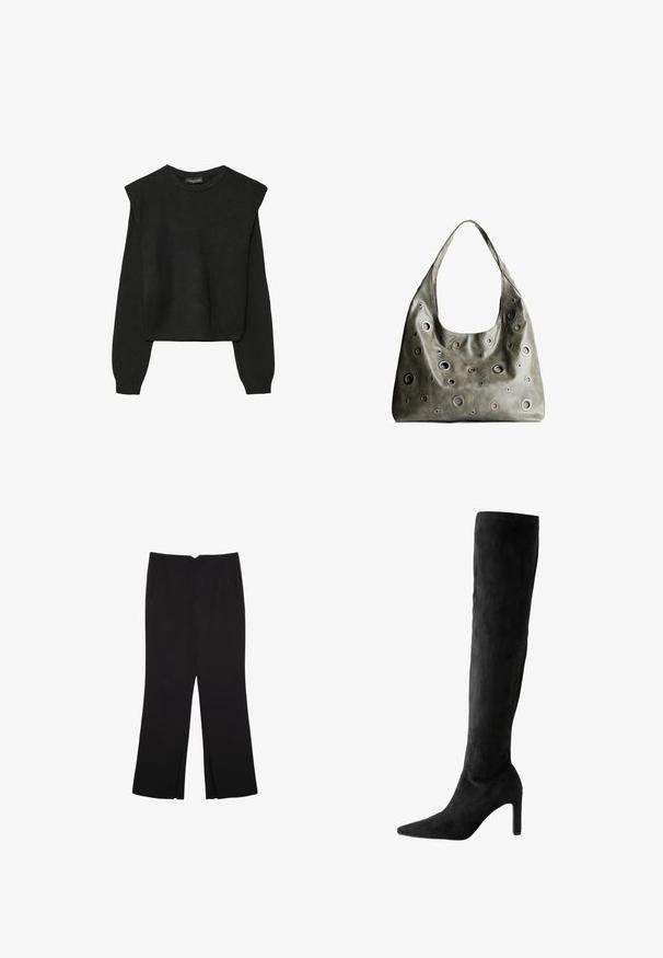 Schwarzer, langärmeliger, gestrickter Pullover mit gepolsterten Schultern sowie gerippten Bündchen und Saum, dargestellt vor einem weißen Hintergrund.; Schwarze Hose mit geradem Schnitt, ausgestattet mit Fronttaschen und Seitenschlitzen am Saum. Hergestellt aus weichem, glattem Stoff. Geeignet für verschiedene Anlässe.; Knöchelhohe schwarze Wildleder-Stiletto-Stiefel mit spitzem Zeh und glatter Textur, ausgestattet mit einem schlanken hohen Absatz und nahtlosem Design.; Olivgrünes Lederhandtäschchen mit einem lässigen Design, das verschiedene runde Ausschnitte in unterschiedlichen Größen und Akzente in dunkleren und helleren Farbtönen aufweist.