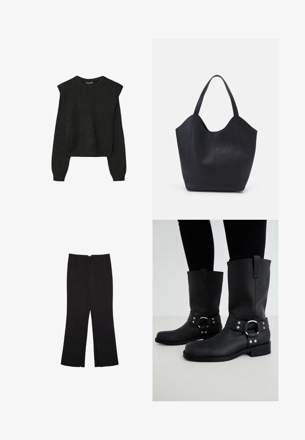Čierny pletený sveter s dlhými rukávmi, vycpanými ramenami a rebrovanými nápletmi a spodným okrajom, zobrazený na bielom pozadí.; Čierne nohavice so strihom rovného strihu, s prednými vreckami a bočnými rozparkami na leme. Vyrobené z mäkkej, hladkej tkaniny. Vhodné na rôzne príležitosti.; ONLY SHOES ONLBAX - Kovbojské/motorkárske čižmy - black; Čierna taška s dlhým uchom vyrobená z hladkej kože, s oblým otvoreným vrchom a dvoma ramennými popruhmi, minimalistického dizajnu.