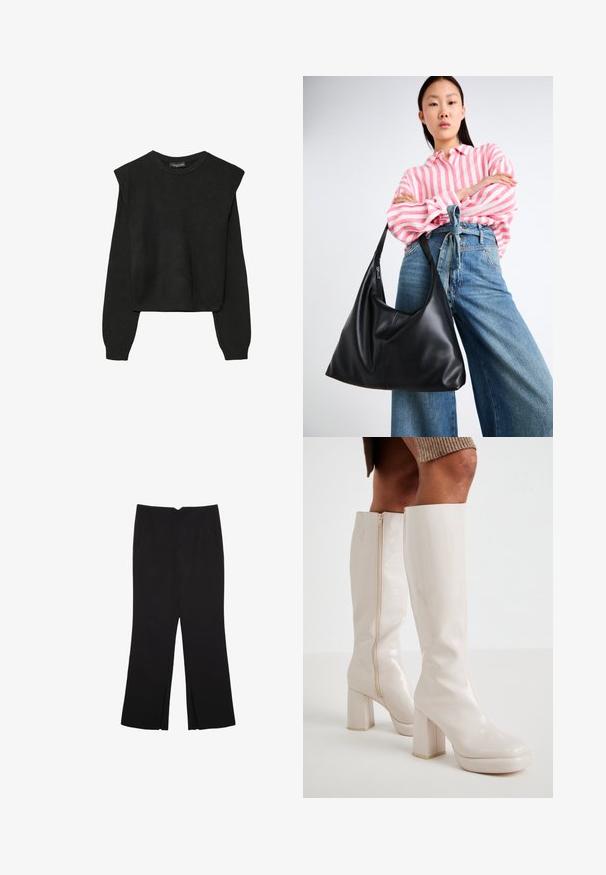 Black long-sleeve knitted sweater with padded shoulders and ribbed cuffs and hem, shown against a white background.; Black trousers with a straight fit, featuring front pockets and side slits at the hem. Made of soft, smooth fabric. Suitable for various occasions.; Even&Odd High heeled boots - off-white; Black leather shoulder bag with a slouchy shape and seam details. Model wears a pink and white striped shirt with wide-leg blue jeans.