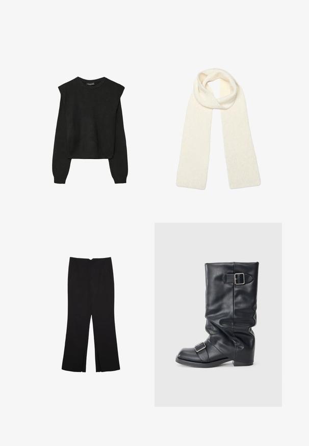 Czarny, długi sweter z dzianiny z poduszkami na ramionach oraz prążkowanymi mankietami i dołem, pokazany na białym tle.; Czarne spodnie o prostym kroju, z przednimi kieszeniami i bocznymi rozcięciami na dole. Wykonane z miękkiego, gładkiego materiału. Odpowiednie na różne okazje.; Czarny skórzany bucik z zagiętym cholewką, ozdobiony dwoma srebrnymi klamrami. Okrągły czubek i niski, płaski design podeszwy. Gładka tekstura, minimalne detale.; Miękki, dziany szalik w kolorze kremowym, luźno złożony u góry, z obiema końcówkami zwisającymi prosto w dół.; Czarna skórzana torebka o zakrzywionym kształcie, z odpinanym paskiem i złotymi akcentami. Torebka posiada klapę z zapięciem w kształcie klamry.
