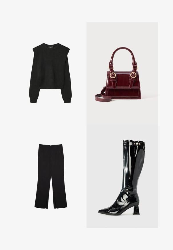 Črn dolgi pulover iz pletenine z oblazinjenimi rameni ter rebrastimi manšetami in robom, prikazan na beli podlagi.; Črne hlače ravnega kroja z naglavnimi žepi in stranskimi razporki na robu. Narejene iz mehke, gladke tkanine. Primerne za različne priložnosti.; Črne lakirane usnjene škornje do kolen s koničastim nosom, geometrijskim blokastim petam in sijajnim zaključkom, ki vsebuje dekorativen gumb na vrhu.; Bordo lakirana usnjena torbica z dvojno zgornjo ročico, z zlato kovinsko opremo in snemljivim naramnim trakom. Pravokotna oblika s kontrastnim šivom.