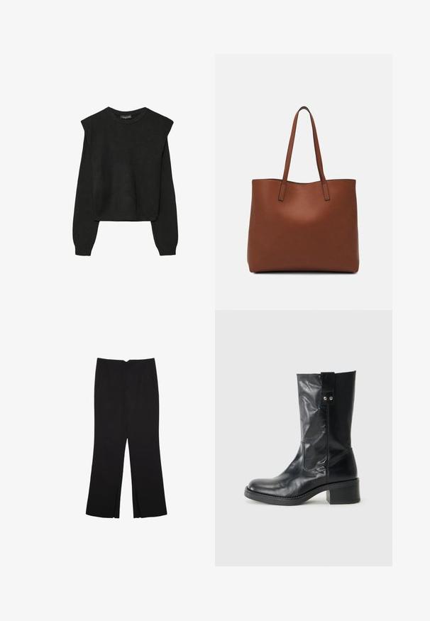 Črn dolgi pulover iz pletenine z oblazinjenimi rameni ter rebrastimi manšetami in robom, prikazan na beli podlagi.; Črne hlače ravnega kroja z naglavnimi žepi in stranskimi razporki na robu. Narejene iz mehke, gladke tkanine. Primerne za različne priložnosti.; Črne usnjene gležnjarje s zaobljenim prstom, skromno oblikovanim podplatom in okrasnim stranskim trakom. Material ima gladek, sijajen finish.; Rjava usnjena torba z gladko teksturo, odprto zasnovo zgoraj in dvema naramnima trakovoma. Opremljena je z minimalnim šivanjem in brez vidnih kovinskih delov.