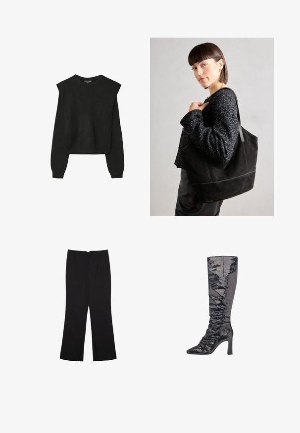 Pull en tricot noir à manches longues avec épaules rembourrées et poignets et ourlet côtelés, présenté sur un fond blanc.; Pantalon noir avec une coupe droite, doté de poches avant et d'éclairs sur l'ourlet. Fabriqué en tissu doux et lisse. Convient à diverses occasions.; Botte noire à sequins jusqu'au genou avec un bout pointu, un talon structuré et une texture froncée le long de la tige pour une silhouette ajustée.; Sac fourre-tout en daim noir avec une texture lisse, une forme structurée et des coutures contrastantes. Il dispose de longues poignées pour le port à l'épaule.