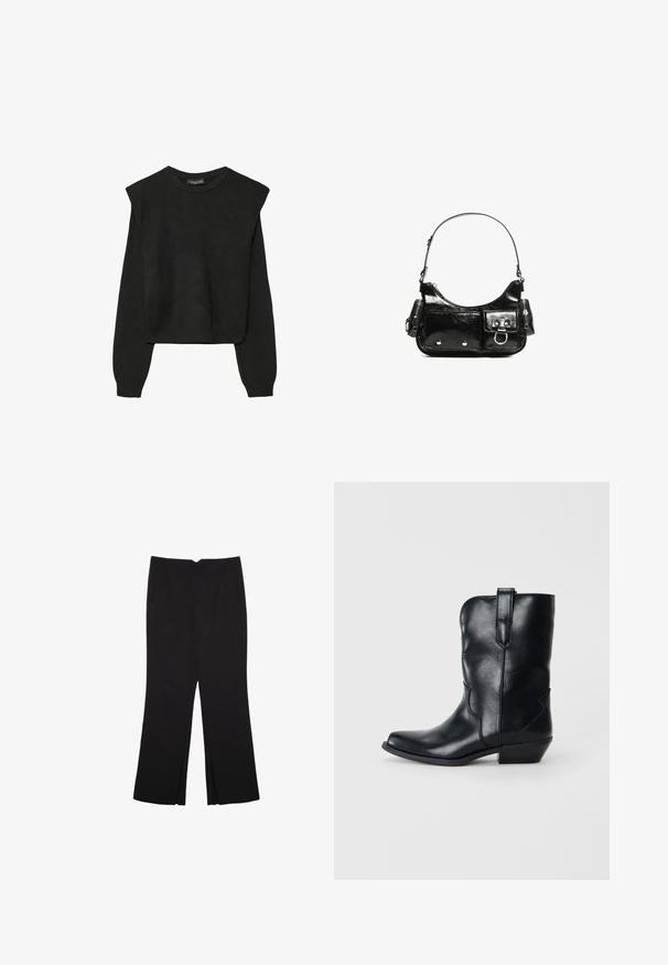 Černý pletený svetr s dlouhými rukávy, vycpanými ramenními částmi a ribbovanými manžetami a lemem, zobrazený na bílém pozadí.; Černé kalhoty s rovným střihem, s předními kapsami a bočními rozparky na lemu. Vyrobené z jemné, hladké tkaniny. Vhodné na různé příležitosti.; Černé kožené kovbojské boty s špičatou špičkou, výškou do poloviny lýtek, dekorativním prošíváním a malým podpatkem. Obsahují poutko pro snadné obouvání.; Černá lakovaná kožená kabelka s křivkovým tvarem, jedním ramenním popruhem, předními kapsami a stříbrnými kovovými detaily.