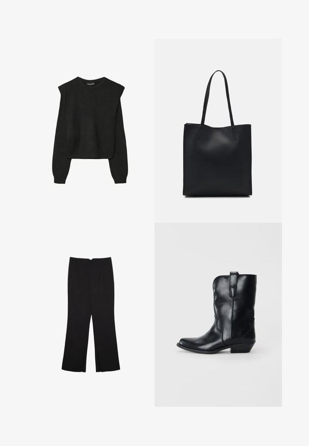 Crna pletena dugoslojna majica sa podloženim ramenima i rebrastim manžetama i rubom, prikazana na bijeloj pozadini.; Crne hlače ravnog kroja, s prednjim džepovima i bočnim prorezima na rubu. Izrađene od mekog i glatkog materijala. Pogodne za razne prigode.; Crne kožne kaubojke s oštrim nožnim prstom, visine do sredine lista, ukrasnim šavovima i malom petom. Imaju policu za lako obuvanje.; Crna kožna torba za nošenje s glatkom teksturom, pravokutnim oblikom i dvije duge ručke. Nema vidljivih metalnih dijelova ili ukrasa.