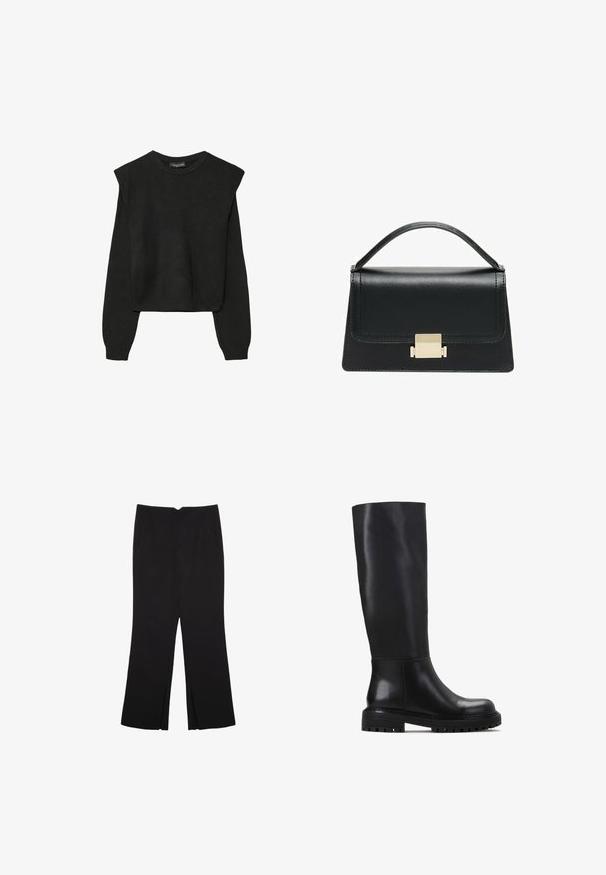 Czarny, długi sweter z dzianiny z poduszkami na ramionach oraz prążkowanymi mankietami i dołem, pokazany na białym tle.; Czarne spodnie o prostym kroju, z przednimi kieszeniami i bocznymi rozcięciami na dole. Wykonane z miękkiego, gładkiego materiału. Odpowiednie na różne okazje.; Czarne, sięgające do kolan botki wykonane z gładkiej skóry. Charakteryzują się okrągłym noskiem, solidną podeszwą z rowkami i minimalistycznym designem.; Czarna skórzana torebka o zorganizowanej konstrukcji, z górną rączką i złotym metalowym zapięciem z przodu. Gładka faktura, minimalne przeszycia.