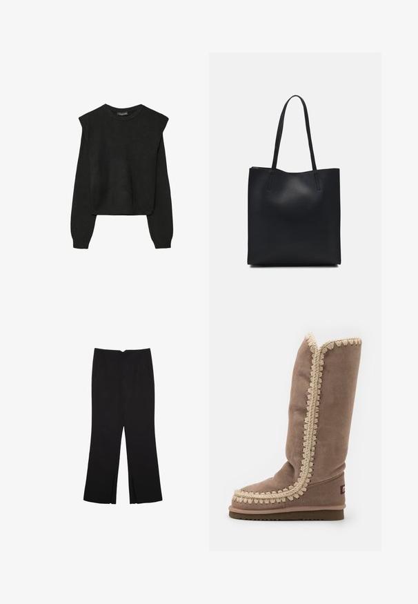 Crna pletena dugoslojna majica sa podloženim ramenima i rebrastim manžetama i rubom, prikazana na bijeloj pozadini.; Crne hlače ravnog kroja, s prednjim džepovima i bočnim prorezima na rubu. Izrađene od mekog i glatkog materijala. Pogodne za razne prigode.; Visoka smeđa antilop čizma s složenim bež šavovima uz rub, zaobljenim vrhom i ravnim đonom. Jednostavan, elegantan dizajn.; Crna kožna torba za nošenje s glatkom teksturom, pravokutnim oblikom i dvije duge ručke. Nema vidljivih metalnih dijelova ili ukrasa.