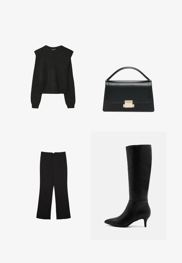 Pull en tricot noir à manches longues avec épaules rembourrées et poignets et ourlet côtelés, présenté sur un fond blanc.; Pantalon noir avec une coupe droite, doté de poches avant et d'éclairs sur l'ourlet. Fabriqué en tissu doux et lisse. Convient à diverses occasions.; Anna Field Bottes - black; Sac à main en cuir noir au design structuré, avec une poignée supérieure et un détail de fermoir en métal doré à l'avant. Texture lisse, couture minimale.