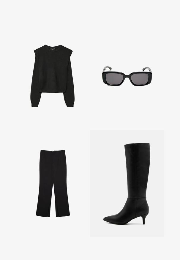 Pull en tricot noir à manches longues avec épaules rembourrées et poignets et ourlet côtelés, présenté sur un fond blanc.; Pantalon noir avec une coupe droite, doté de poches avant et d'éclairs sur l'ourlet. Fabriqué en tissu doux et lisse. Convient à diverses occasions.; Anna Field Bottes - black; Lunettes de soleil noires rectangulaires avec des verres foncés, monture en plastique lisse et branches courbées. Le design est épais avec une esthétique minimaliste.; Sac à main en cuir gris clair avec une forme courbée, ferrures dorées, un fermoir avant et des détails de couture. Bandoulière ajustable incluse.