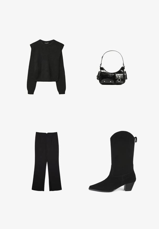 Černý pletený svetr s dlouhými rukávy, vycpanými ramenními částmi a ribbovanými manžetami a lemem, zobrazený na bílém pozadí.; Černé kalhoty s rovným střihem, s předními kapsami a bočními rozparky na lemu. Vyrobené z jemné, hladké tkaniny. Vhodné na různé příležitosti.; Černé zamšové kotníkové boty ve stylu cowboy s špičatou špičkou, mírným podpatkem a vlnitým horním okrajem. Obsahují minimální šití a zadní poutko.; Černá lakovaná kožená kabelka s křivkovým tvarem, jedním ramenním popruhem, předními kapsami a stříbrnými kovovými detaily.