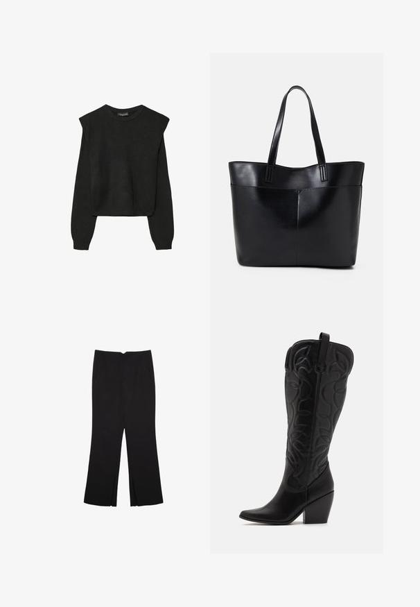 Crna pletena dugoslojna majica sa podloženim ramenima i rebrastim manžetama i rubom, prikazana na bijeloj pozadini.; Crne hlače ravnog kroja, s prednjim džepovima i bočnim prorezima na rubu. Izrađene od mekog i glatkog materijala. Pogodne za razne prigode.; Crne kožne kaubojske čizme s visokim okovratnikom s zakrivljenim šavovima, šiljastim vrhom i debelim petama.; Crna kožna torba s dugim ručkama, glatkom teksturom i strukturiranim oblikom. Ima prednju džep za dodatno pohranu.