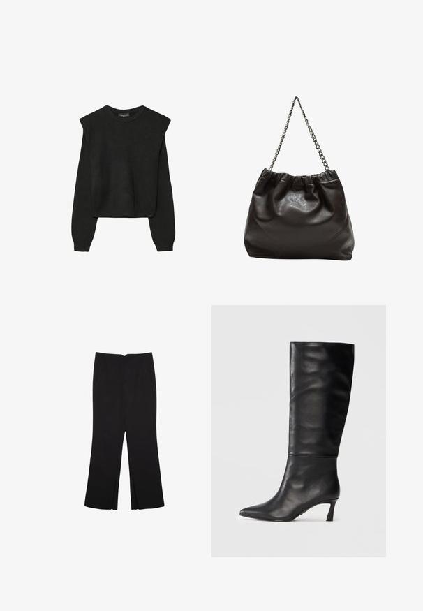 Mustat pitkätuuliseset neulepaidat, joissa on toppaukset harteilla sekä ribbaus hihansuissa ja helmassa, esitetty valkoista taustaa vasten.; Mustat housut suoralinjaisella leikkauksella, joissa on etutaskut ja sivurei'ät helman alla. Valmistettu pehmeästä ja sileästä kankaasta. Sopii eri tilaisuuksiin.; Mustat nahkaiset polvipituiset saappaat, joissa on terävä varvas ja kapea korko. Liukas pinta, saumatonta muotoilua ja kiiltävä viimeistely.; Ruskea nahkainen laukku, jossa on kerätty yläosa ja ketjuhihna. Tasainen pinta, jossa kiiltävä viimeistely ja hienovaraiset sauman yksityiskohdat sivuilla.