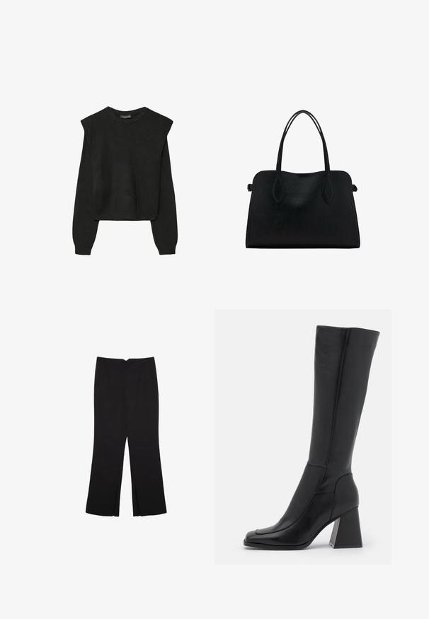 Czarny, długi sweter z dzianiny z poduszkami na ramionach oraz prążkowanymi mankietami i dołem, pokazany na białym tle.; Czarne spodnie o prostym kroju, z przednimi kieszeniami i bocznymi rozcięciami na dole. Wykonane z miękkiego, gładkiego materiału. Odpowiednie na różne okazje.; Czarny skórzany botek do kolan z kwadratowym noskiem, gładką teksturą, zwężającym się kształtem i masywnym obcasem. Posiada detale szwów.; Czarna skórzana torba na ramię z podwójnymi paskami, prostokątny kształt i minimalistyczny design na białym tle.