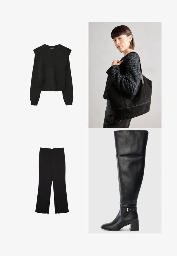 Maglione nero a maniche lunghe in maglia con spalle imbottite e polsini e orlo a coste, mostrato su uno sfondo bianco.; Pantaloni neri a gamba dritta, con tasche frontali e spacchi laterali all'orlo. Realizzati in tessuto morbido e liscio. Adatti a diverse occasioni.; Stivale in pelle nera altezza ginocchio con tacco a blocco e cinturino decorativo con fibbia dorata sopra la caviglia, vista laterale su sfondo bianco.; Borsa tote nera in suede con una texture liscia, forma strutturata e cuciture a contrasto. Presenta lunghe tracolle per il trasporto a spalla.