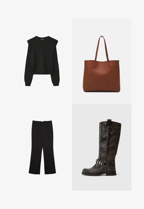 Schwarzer, langärmeliger, gestrickter Pullover mit gepolsterten Schultern sowie gerippten Bündchen und Saum, dargestellt vor einem weißen Hintergrund.; Schwarze Hose mit geradem Schnitt, ausgestattet mit Fronttaschen und Seitenschlitzen am Saum. Hergestellt aus weichem, glattem Stoff. Geeignet für verschiedene Anlässe.; Tamaris Cowboy-/Bikerboot - cigar; Braune Leder-Tote mit glatter Textur, offenem Oberteil und zwei Schulterriemen. Verfügt über minimale Nähte und keine sichtbaren Beschläge.