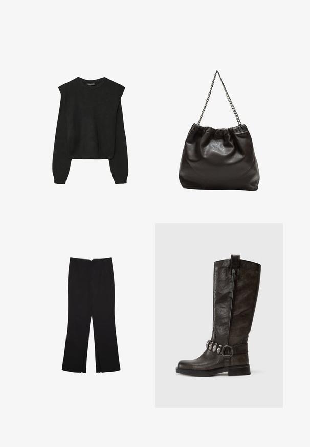 Čierny pletený sveter s dlhými rukávmi, vycpanými ramenami a rebrovanými nápletmi a spodným okrajom, zobrazený na bielom pozadí.; Čierne nohavice so strihom rovného strihu, s prednými vreckami a bočnými rozparkami na leme. Vyrobené z mäkkej, hladkej tkaniny. Vhodné na rôzne príležitosti.; Tamaris Kovbojské/motorkárske čižmy - cigar; Hnedá kožená taška so zberaným vrchom a reťazovým popruhom. Hladký povrch s lesklým finišom a jemným švom po stranách.