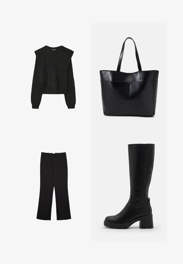 Svart långärmad stickad tröja med vadderade axlar och ribbade muddar och fåll, visad mot en vit bakgrund.; Svarta byxor med rak passform, utrustade med framfickor och sidoklyvningar vid fållen. Tillverkade av mjukt, slätt tyg. Lämpliga för olika tillfällen.; Even&Odd Platåstövlar - black; Svart läder tote-väska med två långa handtag, en slät yta och en strukturerad form. Har en framficka för extra förvaring.