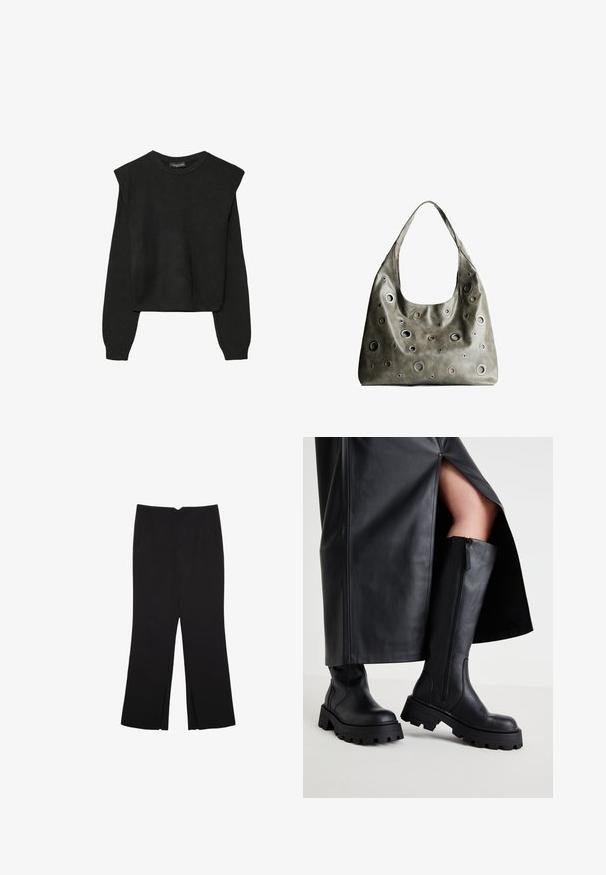 Sort striktrøje med lange ærmer, polstrede skuldre og ribkantede manchetter og kant, vist mod en hvid baggrund.; Sorte bukser med lige pasform, der har frontlommer og slidser i kanten. Lavet af blødt, glat stof. Velegnet til forskellige anledninger.; Sorte knæhøje støvler med en kraftig sål, glat lædertekstur, sidezipper og minimalistisk design, parret med en sort nederdel med slids.; Oliven grøn læderhåndtaske med et slouchy design, der har forskellige størrelser af cirkulære udskæringer og accenter i mørkere og lysere nuancer.