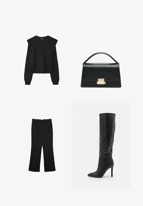 Mustat pitkätuuliseset neulepaidat, joissa on toppaukset harteilla sekä ribbaus hihansuissa ja helmassa, esitetty valkoista taustaa vasten.; Mustat housut suoralinjaisella leikkauksella, joissa on etutaskut ja sivurei'ät helman alla. Valmistettu pehmeästä ja sileästä kankaasta. Sopii eri tilaisuuksiin.; RAID TALISHA - Saappaat - black; Musta nahkakäsilaukku, jossa on jämäkkä muotoilu, yläkahva ja kultainen metallisolki edessä. Sujuva pinta, minimaalinen ompelu.