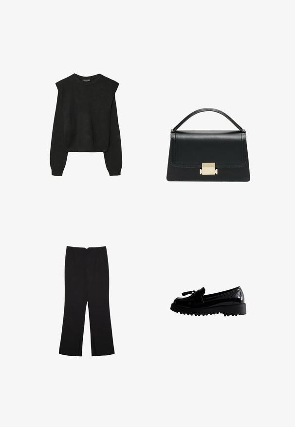 Zwart gebreid trui met lange mouwen, voorzien van gewatteerde schouders en geribbelde manchetten en onderrand, weergegeven tegen een witte achtergrond.; Zwarte broek met een rechte pasvorm, voorzien van zijzakken en plooien aan de onderzijde. Gemaakt van zachte, gladde stof. Geschikt voor verschillende gelegenheden.; Zwarte gepatenteerde leren instappers met een stevige profielzool, voorzien van een decoratieve kwast en een slank ontwerp, dat een gladde, glanzende afwerking toont.; Zwarte lederen handtas met een gestructureerd ontwerp, bovenhandgreep en een gouden metalen sluitingdetails aan de voorkant. Gladde textuur, minimale stiksels.