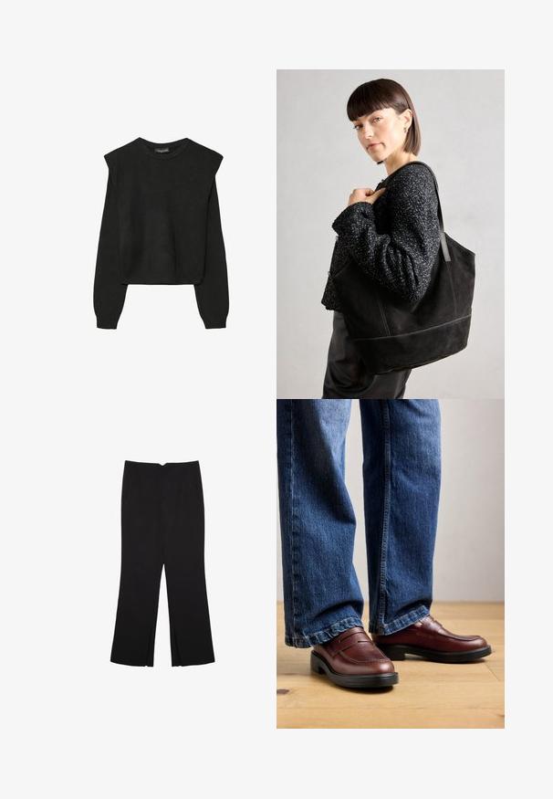 Maglione nero a maniche lunghe in maglia con spalle imbottite e polsini e orlo a coste, mostrato su uno sfondo bianco.; Pantaloni neri a gamba dritta, con tasche frontali e spacchi laterali all'orlo. Realizzati in tessuto morbido e liscio. Adatti a diverse occasioni.; Persona che indossa mocassini in pelle marrone e jeans blu, in piedi su un pavimento di legno contro uno sfondo neutro.; Borsa tote nera in suede con una texture liscia, forma strutturata e cuciture a contrasto. Presenta lunghe tracolle per il trasporto a spalla.