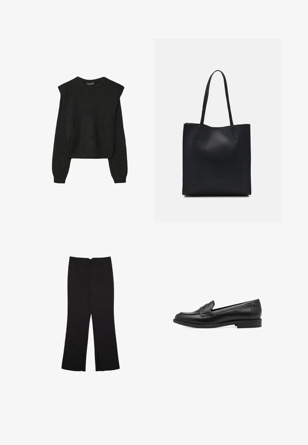 Černý pletený svetr s dlouhými rukávy, vycpanými ramenními částmi a ribbovanými manžetami a lemem, zobrazený na bílém pozadí.; Černé kalhoty s rovným střihem, s předními kapsami a bočními rozparky na lemu. Vyrobené z jemné, hladké tkaniny. Vhodné na různé příležitosti.; Černé kožené loafery s hladkým povrchem, s tkaným detailem na svršku a nízkým, zaobleným podpatkem. Jednoduchý design a tvar.; Černá kožená taška přes rameno s hladkým povrchem, obdélníkovým tvarem a dvěma dlouhými uchy. Žádné viditelné kování ani ozdoby.