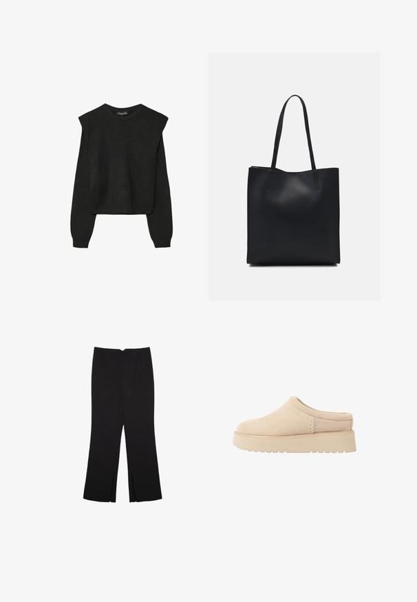 Crna pletena dugoslojna majica sa podloženim ramenima i rebrastim manžetama i rubom, prikazana na bijeloj pozadini.; Crne hlače ravnog kroja, s prednjim džepovima i bočnim prorezima na rubu. Izrađene od mekog i glatkog materijala. Pogodne za razne prigode.; Bež nubuk cipele na sklizak s okruglim vrhom i debelim, teksturiranim potplatom. Ima minimalno šivanje i mekan dizajn.; Crna kožna torba za nošenje s glatkom teksturom, pravokutnim oblikom i dvije duge ručke. Nema vidljivih metalnih dijelova ili ukrasa.