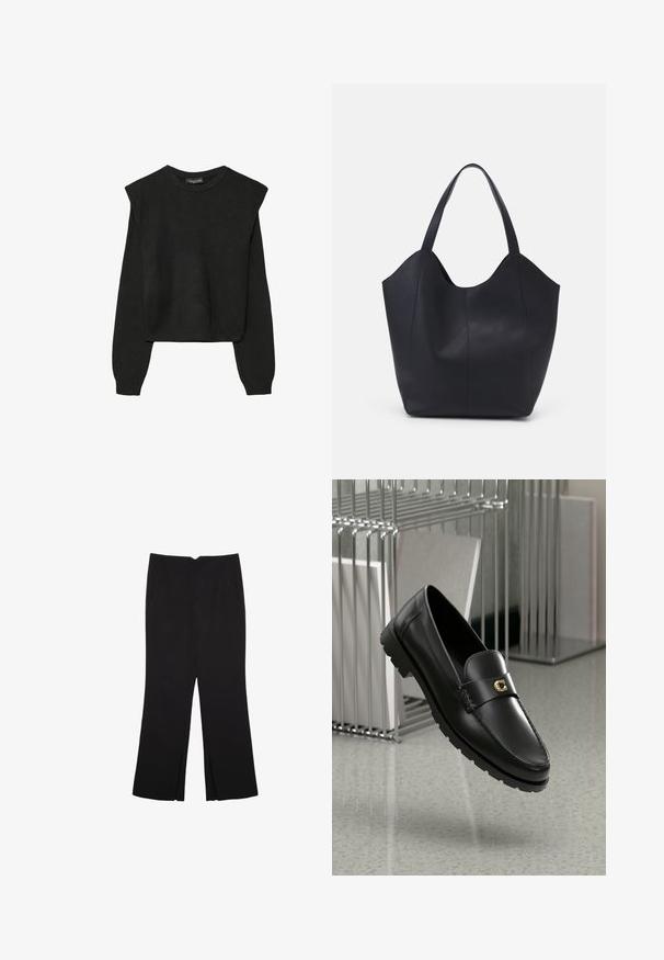 Čierny pletený sveter s dlhými rukávmi, vycpanými ramenami a rebrovanými nápletmi a spodným okrajom, zobrazený na bielom pozadí.; Čierne nohavice so strihom rovného strihu, s prednými vreckami a bočnými rozparkami na leme. Vyrobené z mäkkej, hladkej tkaniny. Vhodné na rôzne príležitosti.; Čierne kožené loafers s vyvýšeným švom, zlatým akcentom loga a textúrovaným pásikom. Obsahuje hrubú, odolnú gumovú podrážku.; Čierna taška s dlhým uchom vyrobená z hladkej kože, s oblým otvoreným vrchom a dvoma ramennými popruhmi, minimalistického dizajnu.