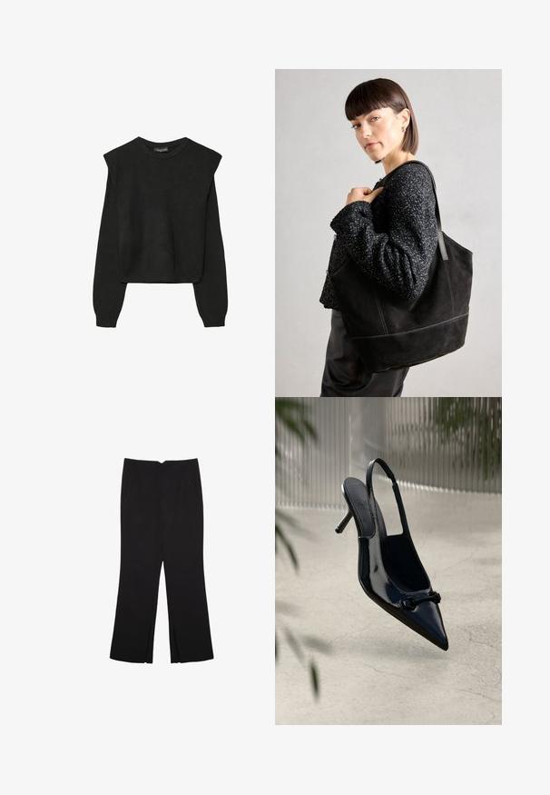 Crna pletena dugoslojna majica sa podloženim ramenima i rebrastim manžetama i rubom, prikazana na bijeloj pozadini.; Crne hlače ravnog kroja, s prednjim džepovima i bočnim prorezima na rubu. Izrađene od mekog i glatkog materijala. Pogodne za razne prigode.; Crni patenten lak slingback visoki potpetica s ostrim nosom i dekorativnom kopčom, suspendiran iznad svijetlog napuklog poda.; Crna suede torba s glatkom teksturom, strukturiranim oblikom i kontrastnim šavovima. Ima duge trake za nošenje preko ramena.