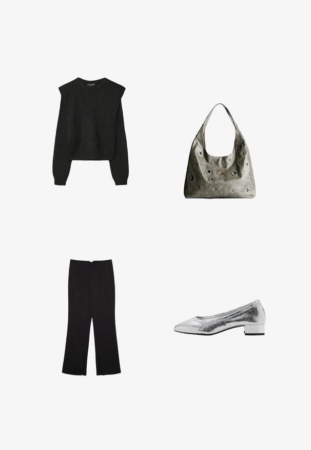 Svart långärmad stickad tröja med vadderade axlar och ribbade muddar och fåll, visad mot en vit bakgrund.; Svarta byxor med rak passform, utrustade med framfickor och sidoklyvningar vid fållen. Tillverkade av mjukt, slätt tyg. Lämpliga för olika tillfällen.; Silver metallic balettklackar med en sprucken struktur, spetsig tå, låg blockklack och slätt inre foder.; Olivgrön läderhandväska med en avslappnad design, som har cirkulära utskärningar i olika storlekar och accenter i mörkare och ljusare nyanser.