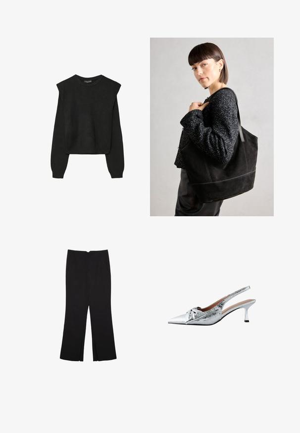 Sort striktrøje med lange ærmer, polstrede skuldre og ribkantede manchetter og kant, vist mod en hvid baggrund.; Sorte bukser med lige pasform, der har frontlommer og slidser i kanten. Lavet af blødt, glat stof. Velegnet til forskellige anledninger.; Sølv slingback hæle med spidse tæer, tekstureret metallisk finish og en dekorativ sløjfe. Har en slank kitten hæl.; Sort ruskinds tote taske med en glat tekstur, struktureret form og kontrasterende syninger. Har lange stropper til skulderbæring.