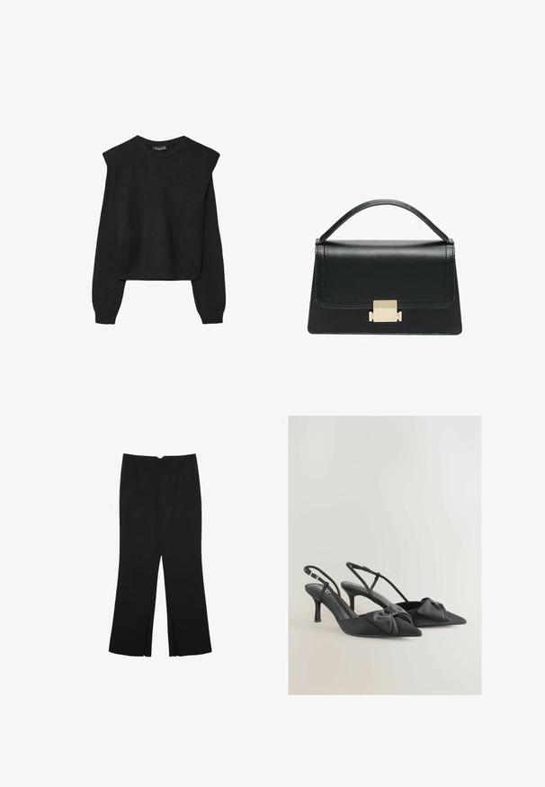 Schwarzer, langärmeliger, gestrickter Pullover mit gepolsterten Schultern sowie gerippten Bündchen und Saum, dargestellt vor einem weißen Hintergrund.; Schwarze Hose mit geradem Schnitt, ausgestattet mit Fronttaschen und Seitenschlitzen am Saum. Hergestellt aus weichem, glattem Stoff. Geeignet für verschiedene Anlässe.; Schwarze Satin-Slingback-Absätze mit spitzen Zehen, kleinen Schleifen auf dem Blatt und schmalen Absätzen. Verfügt über verstellbare Knöchelriemen.; Schwarze Lederhandtasche mit strukturiertem Design, oberem Griff und einem goldenen Metallschnappverschluss auf der Vorderseite. Glatte Textur, minimale Nähte.