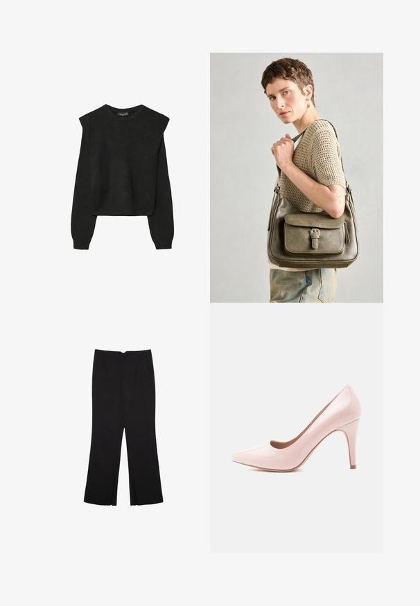Svart långärmad stickad tröja med vadderade axlar och ribbade muddar och fåll, visad mot en vit bakgrund.; Svarta byxor med rak passform, utrustade med framfickor och sidoklyvningar vid fållen. Tillverkade av mjukt, slätt tyg. Lämpliga för olika tillfällen.; Rosa lackläder högklackad pumpsko med spetsig tå och en slank silhuett, med en 10 cm hög stilettklack och en slät yta.; Olivgrön läderhandväska med framflik, justerbar rem och detaljer i silver, uppvisad på en modell som bär en stickad topp.