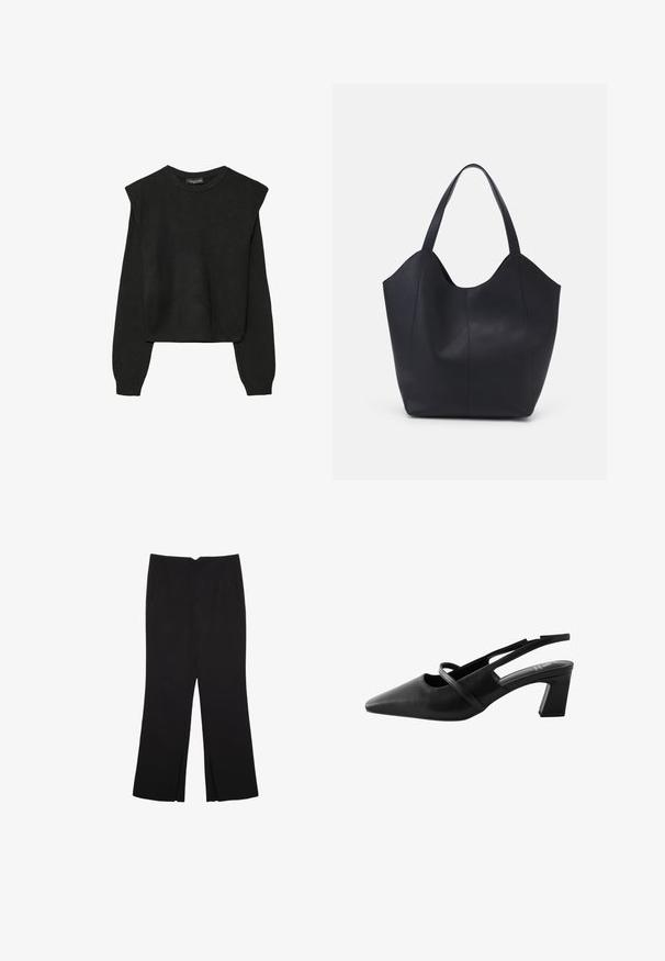 Mustat pitkätuuliseset neulepaidat, joissa on toppaukset harteilla sekä ribbaus hihansuissa ja helmassa, esitetty valkoista taustaa vasten.; Mustat housut suoralinjaisella leikkauksella, joissa on etutaskut ja sivurei'ät helman alla. Valmistettu pehmeästä ja sileästä kankaasta. Sopii eri tilaisuuksiin.; Musta nahkainen slingback-kenkä terävällä varvalla, jossa on ristiin menevät hihnat ja keskikorkea tukipohja. Sujuva pinta ja minimalistinen muotoilu.; Mustat kangaskassit, jotka on valmistettu sileästä nahasta, jossa on kaareva, avoin yläosa, kaksi olkahihnaa ja minimalistinen muotoilu.