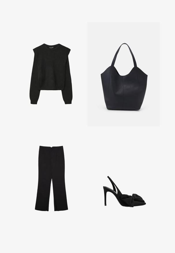 Schwarzer, langärmeliger, gestrickter Pullover mit gepolsterten Schultern sowie gerippten Bündchen und Saum, dargestellt vor einem weißen Hintergrund.; Schwarze Hose mit geradem Schnitt, ausgestattet mit Fronttaschen und Seitenschlitzen am Saum. Hergestellt aus weichem, glattem Stoff. Geeignet für verschiedene Anlässe.; Schwarze Slingback-Highheels aus glattem Stoff mit spitzer Zehenform und einem Stoffschleifchen auf der Vorderseite. Schlanker Stiletto-Absatz.; Schwarze Tote-Bag aus glattem Leder, mit einem abgerundeten, offenen Oberteil, zwei Schulterträgern und einem minimalistischen Design.