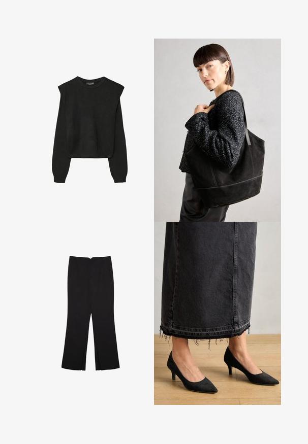 Crna pletena dugoslojna majica sa podloženim ramenima i rebrastim manžetama i rubom, prikazana na bijeloj pozadini.; Crne hlače ravnog kroja, s prednjim džepovima i bočnim prorezima na rubu. Izrađene od mekog i glatkog materijala. Pogodne za razne prigode.; Crne suede cipele na visokoj peti od 3 inča s šiljastim nosom, u kombinaciji s dugom suknjom od tamnog denima koja ima izrezane rubove.; Crna suede torba s glatkom teksturom, strukturiranim oblikom i kontrastnim šavovima. Ima duge trake za nošenje preko ramena.