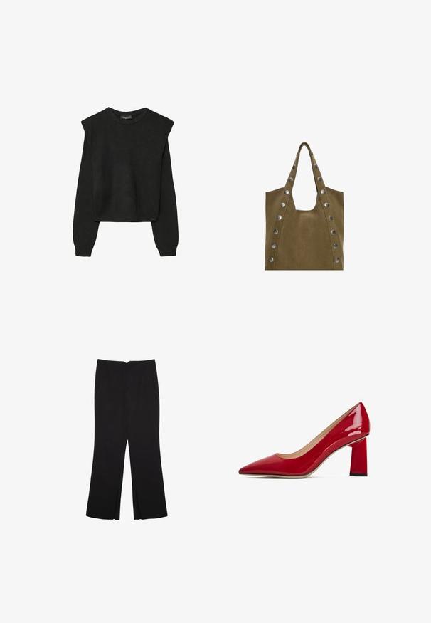 Sort striktrøje med lange ærmer, polstrede skuldre og ribkantede manchetter og kant, vist mod en hvid baggrund.; Sorte bukser med lige pasform, der har frontlommer og slidser i kanten. Lavet af blødt, glat stof. Velegnet til forskellige anledninger.; Rød blank laklæder højhælet sko med spids tå og en tykkere firkantet hæl. Glat tekstur og minimalistisk design.; Khaki ruskind totebag med to hanke, der har store sølvnitter langs siderne og en stor åben top for nem adgang.