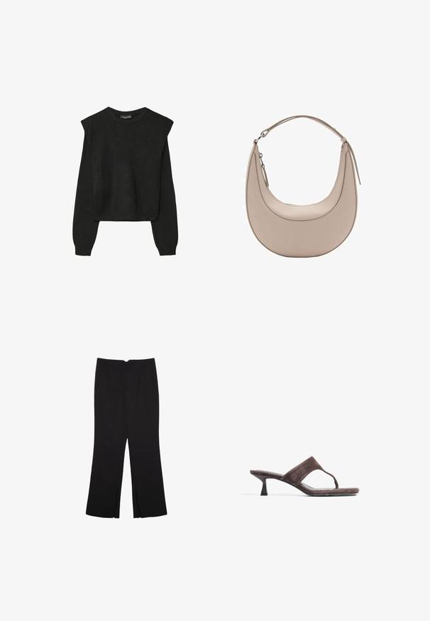 Black long-sleeve knitted sweater with padded shoulders and ribbed cuffs and hem, shown against a white background.; Black trousers with a straight fit, featuring front pockets and side slits at the hem. Made of soft, smooth fabric. Suitable for various occasions.; Brown suede slide sandals with a thong strap, low kitten heel, and a smooth, flat sole. Minimalist design with a sleek silhouette.; Beige leather shoulder bag with a crescent shape, smooth texture, and a single curved handle. Features a zip closure and neat stitching.
