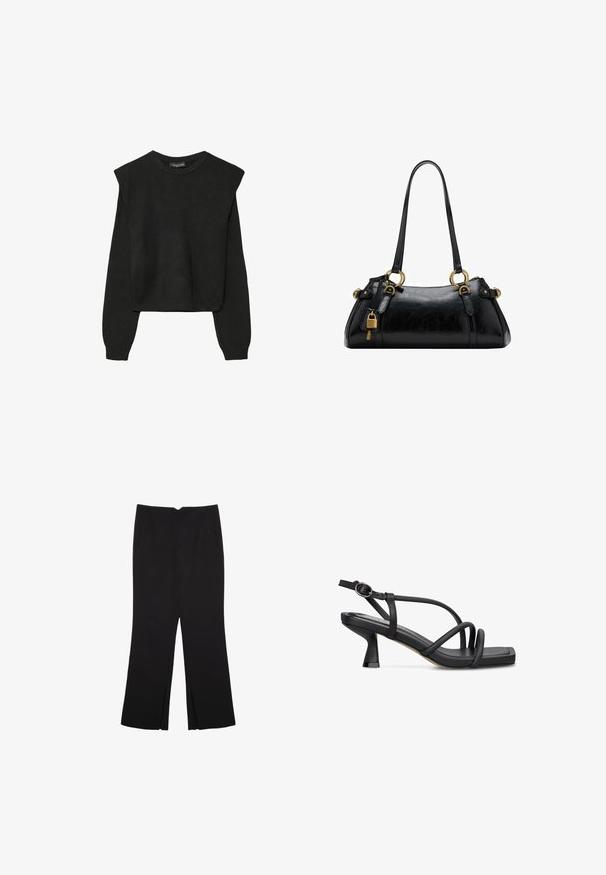 Czarny, długi sweter z dzianiny z poduszkami na ramionach oraz prążkowanymi mankietami i dołem, pokazany na białym tle.; Czarne spodnie o prostym kroju, z przednimi kieszeniami i bocznymi rozcięciami na dole. Wykonane z miękkiego, gładkiego materiału. Odpowiednie na różne okazje.; Czarne skórzane sandały na obcasie z kwadratowym noskiem, delikatnym paskowym wzorem i umiarkowanie zakrzywionym obcasem w szpilkę. Zapięcie na klamrę przy kostce.; Czarna skórzana torebka o gładkiej fakturze, zaokrąglonym kształcie, złotych akcentach metalowych i podwójnych uchwytach. Posiada dekoracyjny zamek z boku.