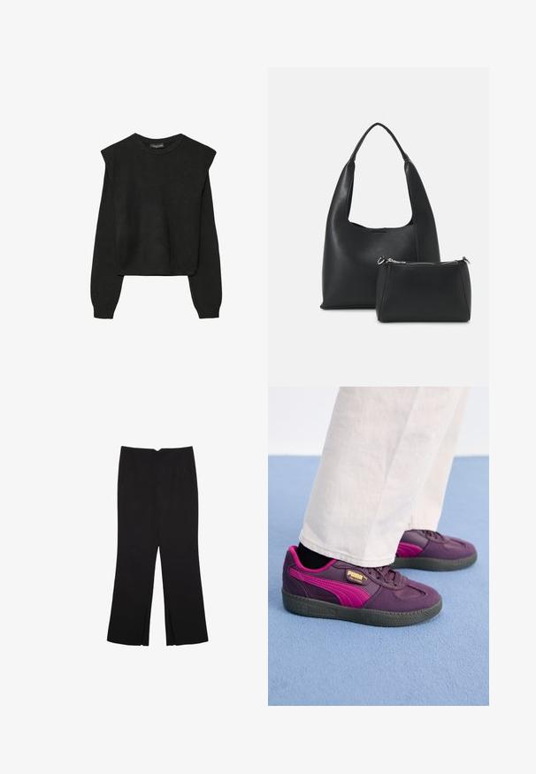 Svart långärmad stickad tröja med vadderade axlar och ribbade muddar och fåll, visad mot en vit bakgrund.; Svarta byxor med rak passform, utrustade med framfickor och sidoklyvningar vid fållen. Tillverkade av mjukt, slätt tyg. Lämpliga för olika tillfällen.; Lila och rosa sneakers med gummisulor som har en texturerad yta, snören och guldbranding på sidan. Vita byxor kontrasterar med skorna.; Even&Odd Handväska - black