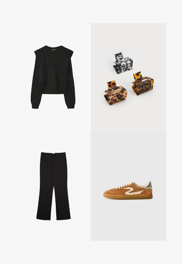 Pull en tricot noir à manches longues avec épaules rembourrées et poignets et ourlet côtelés, présenté sur un fond blanc.; Pantalon noir avec une coupe droite, doté de poches avant et d'éclairs sur l'ourlet. Fabriqué en tissu doux et lisse. Convient à diverses occasions.; Baskets en daim marron et crème, avec un design en zigzag unique, des lacets beige et une semelle en caoutchouc gomme. Accents métalliques sur le talon.; Trois pinces à cheveux : une marbrée noir et blanc, deux en écaille de tortue dans des nuances de marron et de noir, toutes en plastique brillant avec une finition texturée.