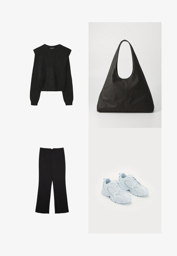 Crna pletena dugoslojna majica sa podloženim ramenima i rebrastim manžetama i rubom, prikazana na bijeloj pozadini.; Crne hlače ravnog kroja, s prednjim džepovima i bočnim prorezima na rubu. Izrađene od mekog i glatkog materijala. Pogodne za razne prigode.; Svijetloplave atletske cipele s gornjim dijelom od mrežaste i sintetičke tkanine, s bijelim točkicama i reflektirajućim detaljima, vezanje na vezicu i podložnim potplatima.; Crna kožna torba s okruglom drškom, izduženog trokutastog oblika i glatke teksture. Ima minimalistički dizajn bez vidljivih metalnih dijelova.