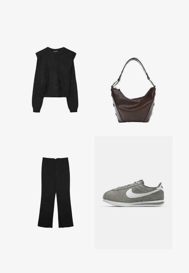 Črn dolgi pulover iz pletenine z oblazinjenimi rameni ter rebrastimi manšetami in robom, prikazan na beli podlagi.; Črne hlače ravnega kroja z naglavnimi žepi in stranskimi razporki na robu. Narejene iz mehke, gladke tkanine. Primerne za različne priložnosti.; Sive suede športni čevlji z belimi poudarki, ki imajo zaobljen sprednji del, teksturirano površino in klasičen dizajn s vezalkami ter rebrastim podplatom.; Temna rjava usnjena torbica s ukrivljeno obliko, z zadrgo in kratko ročico. Ima kovinske dodatke in okrasne črne gumbe na strani.